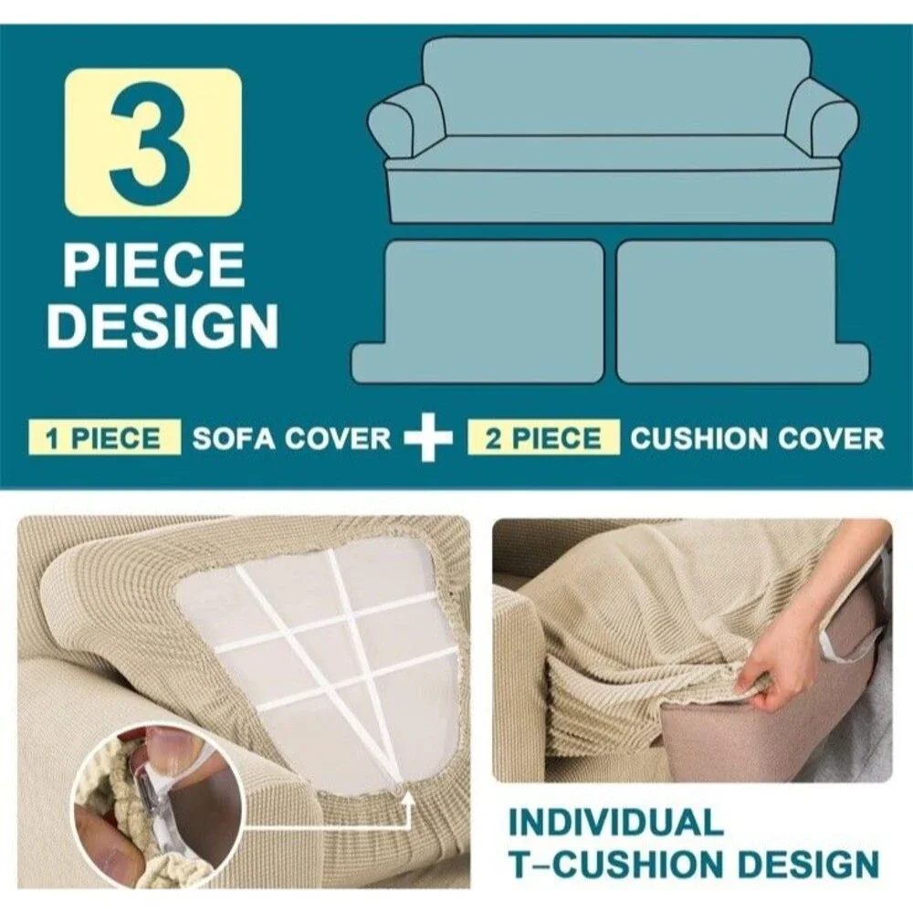 Turquoize 3 Piece T Cushion Sofa Slipcovers Sofa Cover Biscotti Beige New